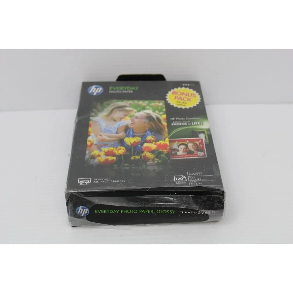New HP Genuine Everyday Photo Paper Sealed 120 Sheets 5x7 Glossy Bonus Pack